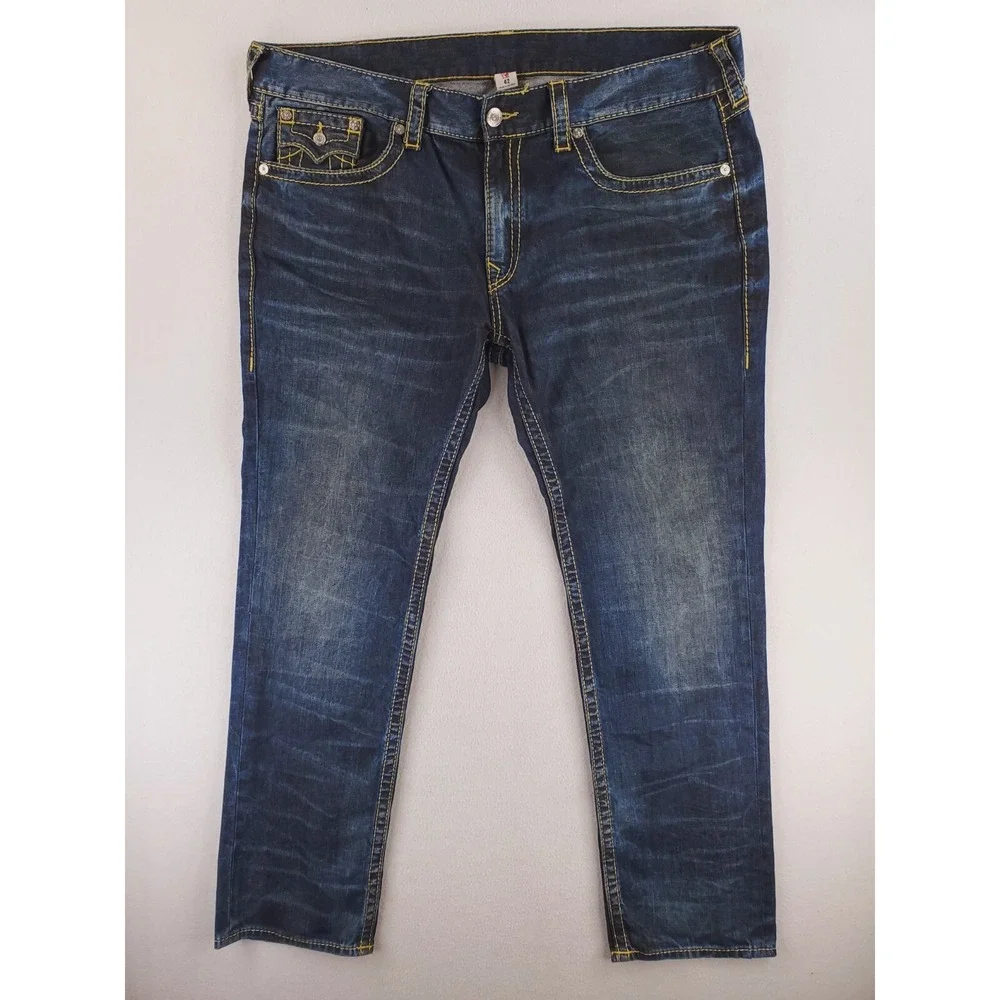 True Religion Jeans Mens 42x34 Gold Big T Skinny Flap Pocket Y2K Thick Stitch